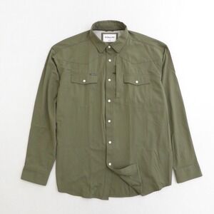 PONCHO Mens Large Regular Fit Olive Green Magnetic Snap Button Long Sleeve Shirt